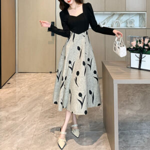 Сукня міді верх чорний, спідниця квітковий принт