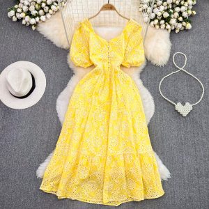 Сукня з бавовни в вибитий квітковий візерунок жовта