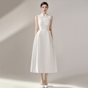 Сукня міді білого кольору без рукавів з комірцем